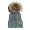 Bérets Hiver Pompom Hat tricoté Real Big Ratcoon Fur Femmes Unisexe enfants chauds épais épais stretchy talit pom chapeaux