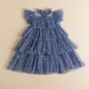 Girl's Dresses 2023 New Sequin Summer Dress for Girls Tulle Layered Kids Birthday Party Dress Star Printing Children Summer Holiday Casual WearL231222