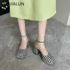 Suojialun 2023 Spring Brand Sandal Shoes Fashion Round Toe Close Ankel Strap Mules Square High Heel Dress Pumps 231221