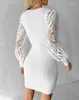 Casual Dresses Women 2024 Spring Fashion Sweater Dress V Neck Lantern Sleeve Contrast Lace Hollow Knit Pencil Mini