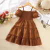 Girl's Dresses 2023 New Kids Dress For Girls 4-7 Years Brown Strap Off Shoulder Short Sleeved Dress Casual Style Vacation Holiday ClothesL231222