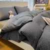 Bedding Sets Japanese Simple Solid Color Plaid Washed Cotton Four-piece Set Ins Quilt Luxury Cover Bed Linen