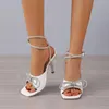 Sandals High Heels Women 2024 Summer Lady Sexy Thin Heel Shoes Female Square Head Fashion Rhinestone Bow Stilettos Big 35-43