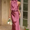 Casual Dresses Temperament Summer Sleeveless Hanging Neck Solid Silk Fabric Maxi Dress Elegan Vestidos De Noche Vestido Bodas Perola Women