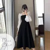 Casual Dresses Lantern Long Sleeve Dress Women Elegant Splicing Square Neck High Waist Draped Loose Mid Length Version Party