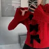 Kobiety swetry francuska słodka dziewczyna świąteczna świąteczne skręt czerwony seksowny v szyja dzianinowy pullover jesienna zima czarne bownots falbany flary rękaw