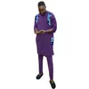 Abbigliamento etnico vestiti africani set da uomo viola set top patchwork con pantalone giallo puro pantalone nigeriano maschio maschio su misura.