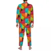 Herren Nachtwäsche kubanische Farbblock-Pyjama Sets Bunfle Print Kawaii Long-Alt Casual Lose Night 2 Stück Nachtwäsche große Größe 2xl