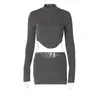 Work Dresses Dark Grey Short Skirts 2 Piece Set For Women Sexy Zipper Turtleneck Irregular Crop Top Mini Skinny Clubwear Outfits