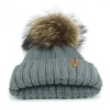 Bérets Hiver Pompom Hat tricoté Real Big Ratcoon Fur Femmes Unisexe enfants chauds épais épais stretchy talit pom chapeaux