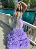 Aftonlila ren nacke för svarta flickor 2024 Beaded Crystal Birthday Party -klänningar Ruffles Long Prom Dresses Mermaid Robe de Bal