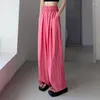 Women's Pants Autumn Rose Red Pink High Elastic Waist Plain Wide Leg Oversized Wrinkle Straight Women