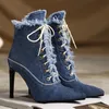 Schuhe Schnüren Denim Stiefel Herbst Frühling Frauen Stiefeletten Spitz Mode Stil High Heels Jeans Party Schuhe Mädchen Große Größe