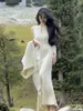 Sukienki swobodne Solidne szczupły urodziny sukienki na drutach kobiety eleganckie długie rękaw syrena szata jesień zimowe ubrania żeńskie
