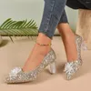 Klädskor silver paljetter höga klackar pumpar kvinnor 2024 Autumn Crystal Flower Wedding Woman Plus Size 42 Clear Thick Heeled Party