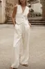 レディースパンツ2024女性ファッションリネントップ2 PCSセットサマーメスマッチングホワイトベージュ