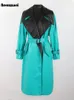 Nerazzurri Herbst Long Lose Green und Black Patchwork Leder Trench Coat für Frauengürtel Luxusdesigner gefälschte 2 -teilige Kleidung 231221