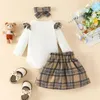 geboren babymeisjes kleren 3 stks set cartoonbeer borduurwerk lange mouwen bodysuit plaid rok pak baby kostuum 0 18 maanden 231221