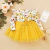 Vestidos de menina 1-3 anos de menina menina para criança vestido princesa garotas infantis de manga longa Tule amarelo Totchwork Dress Sweet Spring Party Festumesl231222