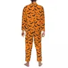 Vêtements de nuit pour hommes Halloween Bat Pyjama Ensembles Orange et Noir Mode Femme Manches longues Vintage Loisirs 2 pièces Costume à la maison Grande taille