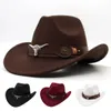 Western Cowboy Black Hat With Bull Decor Classic Wide Brim Jazz Imitation Wool Hatts for Women kände Cow Head Knight 231221