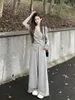 Dames tweedelige broek Gray Geresneden Vrouwen passen bij lange mouwen tophoog hoge taille herfst Koreaanse stijl luie geplooide shirt los zoete zacht