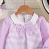 Robes d'automne pour petites filles de 4 à 7 ans, tenue à carreaux violets à manches longues, mignonne et Simple, tenue de soirée coréenne, nouvelle collection