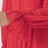Casual Dresses Red Double-Layered Georgette Silk Tie-Neck Trumpet Långärmad kvinnor kant midja swing maxi klänning ae1638