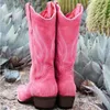 skor rosa cowboy stövlar midcalf hög cowgirl botas kvinnors vintage broderade tryckta ridtövlar pu läder mode damer skor