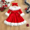 女の子のドレスキッド女の赤ちゃんクリスマス服セットフェイクファーパッチワーク長い袖のオフショルダーAラインドレス付きベルト +ボウヘッドバンド