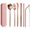 Tragbares Besteckset roségold Edelgeschirr Sets Teisegeschirr Stroh Outdoor -Picknick mit Box -Utensilien wiederverwendbare Y111313c