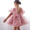 Piękne różowe puszyste rękawy Flower Girl Sukienka na wesele 2024 Aplikacje 3D Butterfly Backless Birthday Pierwsza suknia komunia