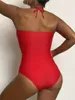 Dames badmode 2023 Halter Tie Front Swimsuit Vrouwen één stuk massief gevoerde vrouwelijke zwemmers Baden zwemmen zwempak strandkleding