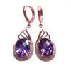 Dingle örhängen 585 Purple Gold Plated 14k Rose Shining Luxury Gem For Women Elegant Utsökt bröllopsengagemangsmycken