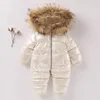 Russo de inverno Rompers de bebê meninos terno de esqui grosso Meninas de pato branco do macacão garotos do macacão de macacão infantil Crianças Snowsuit Snows