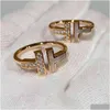 Ringos de cluster Ring Ring Double Serling Sier Plaed Rose Gold Abertura incrustada com Diamond Half Wedding Anniversary for Women Gift B Dhyw5