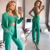 Women's Two Piece Pants Spring Summer Women Three Sets Elegant Long Sleeve Blazer Bra Pocket Outfits Solid Office Lady Suits FT121