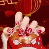 YANLIŞ NAILLER 2024 Yıllık Sevimli Çin Blessing Sahte Tırnak Yaması Tam Kapak Çıkarılabilir Kırmızı Renk Kısa Basın İpuçları Hediyeler