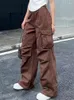 レディースパンツ春夏レトロホワイトカーゴ女性ビンテージ90年代美学ルーズブラウンパラシュートズボン女性ヒッピーワイドポケット