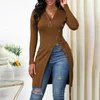 Blouses pour femmes Zipper Femmes Top Elegant V Blouse à manches longues avec une sangle à ourlet à hauteur haute