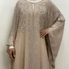Etnische kleding verfraaide parel hoodie Abaya Eid Rhinestone Bat Sleeve Kimono Midden -Oosten Hooded Cardigan Islamitische moslimvrouwenjurk