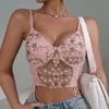 Tanques femininos Mulheres Sexy Crop Crop Top semi-Sheer Roupa Bandagem Baixa Suspender Speaghetti Strap Camiseta Túnica Feminina Bordado Mesh ROPA