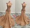 Gold O Neck Long Prom Dress for Black Girls 2024 Beaded Crystal Birthday Party Dresses Sequined Evening Gowns Gown Robe De Bal