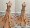 Gold O Neck Long Prom Dress for Black Girls 2024 Beaded Crystal Birthday Party Dresses Sequined Evening Gowns Gown Robe De Bal