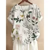 Women's Blouses Synthetic Material Button Flower Shirt Summer Women Casual O-Neck Short Sleeve White Pullover Tops Comfortable Breathable