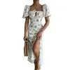Sıradan elbiseler kadınlar yaz puflu kolu çiçek baskılı uzun kare boyun gövdesi maxi elbise zarif bir çizgi tatil kıyafeti