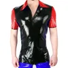Men's T Shirts Glossy PVC Men Patchwork Turn-down Neck Short Sleeve Sexy Faux Latex T-Shirt Tops Casual Streetwear Party S-7XL