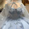 Meksykańskie vestido de 15 Anos Sky Blue Quinceanera Sukienki z Cape Lace Peads Bow Corset Sweet 16 Sukienka abiti da cerimonia