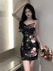 Casual Dresses Retro Flowers Mini Dress Sweet Sexy Sling Elegant Chain Backless Night Club Uniform Korean Women Tops Fop3