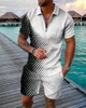 Herrspårar Summermönster Luxury 3D Print Casual Training Suit (2 -stycken set med dragkedja Polo -skjorta och shorts) Street Style Menswear